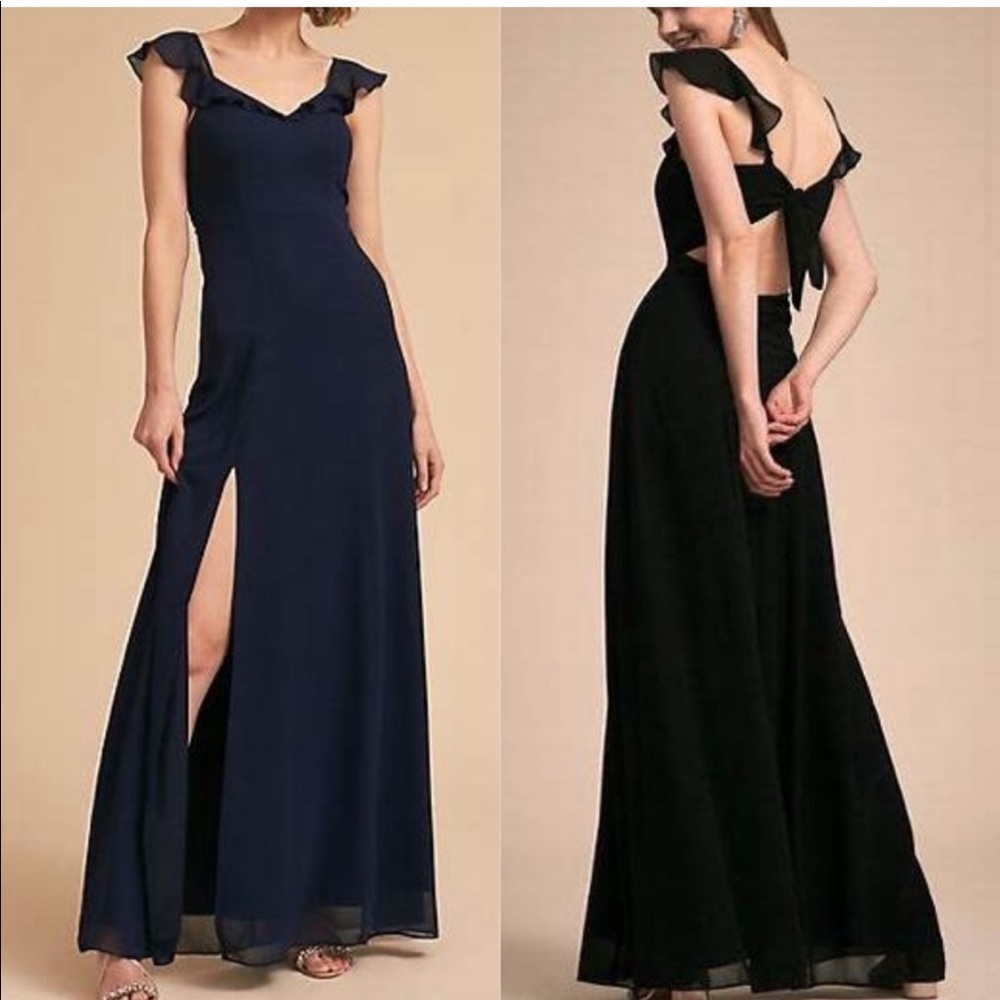 BHLDN Navy and Black Ruffle Strap Maxi Dress